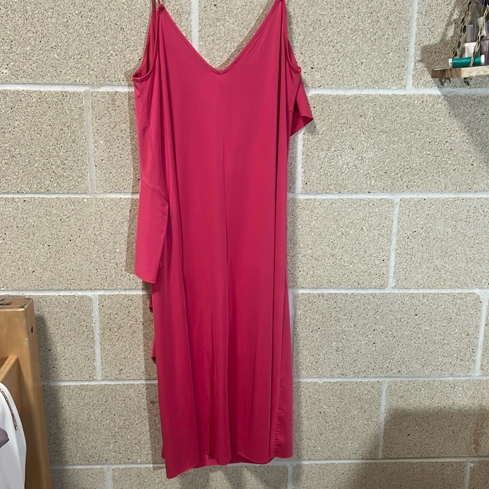 Size S pink Mango ruffled silk midi dress with V neckline and back.